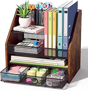 Wooden Desk Organizer - Mesh File Organizer with Drawers and Pen Holder - 4-Tier Vertical Paper Letter Storage Tray, Desktop Organizers and Accessories for Home Office