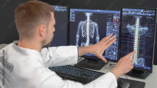 Health specialist demonstrating personalized posture improvement plans through advanced AI software focusing on spine alignment digitally.