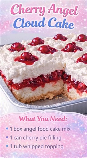 Cherry Angel Cloud Cake dreamy slice of pure bliss 📋 Ingredients ● 1 box angel food cake mix ● 1 can cherry pie filling ● 1 tub whipped topping 📝 Instructions 1: Preheat & Prepare: Heat oven to 350°F (175°C). Prepare the angel food cake mix exactly as directed on the box (usually just water). Do not grease the pan. 2: Fold in Cherries: Gently fold the cherry pie filling into the batter, leaving beautiful streaks throughout. Avoid overmixing so the cake stays airy. 3: Bake to Perfection: Pour i