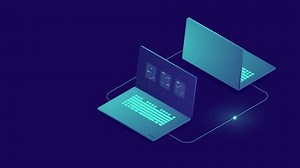 Concept of exchanging data between two laptops. Online network transmission. Portable computers exchange information on internet. Example of progress and development of electronic notebook devices.
