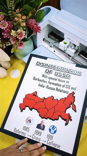 Crafting Fun By Garima on Instagram: "A few days back, I made a Class 12 Political Science project file cover for board submission. The topic was serious and heavy — Disintegration of the USSR, with focus on Gorbachev, formation of the CIS, and India–Russia relations. So I decided the file cover should reflect that weight from the very first look. The red USSR map is the visual anchor here. Bold and fractured into regions, it represents reform, crisis, and eventual collapse, along with the timel
