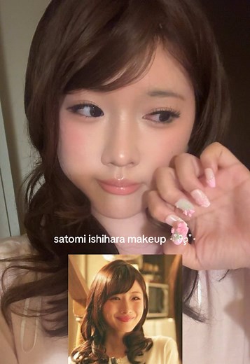 makeup transition for satomi ishihara! i finally tried hehe and i’m using the press ons i made last spring #transition #makeuptransformation #makeuptransition #nailtransition #makeupinspo