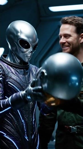 Alien and human swap helmets, laugh at their warped reflections in the viewport.