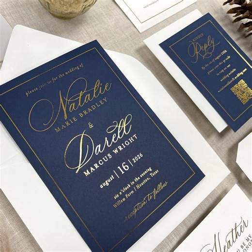 Navy Blue Wedding Invitations With Gold Foil, Printed 5" X 7" Invitations With Envelopes, Many Colors Available, Physical Invitations - Etsy
