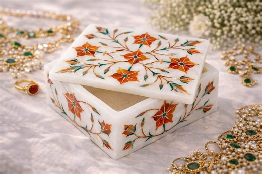 Handcrafted White Marble Jewelry Box, Carnelian, Malachite Pietra Dura Stone Inlay - Etsy