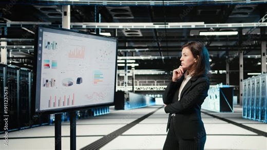 Data center manager looking at infrastructure status infographics on monitor. Server farm employee analyzing AR simulation and audit charts on display to oversee equipment, camera A