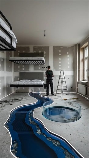 Insane Epoxy River Floor with Floating Bed Transformation #epoxy #diy #shorts