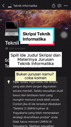 Anak Teknik Informatika yang masih pusing bikin judul yuk merapat! Nih mimin spill 1 dari 50 koleksi judul skripsi jurusan Teknik Informatika. Semua judulnya baru bukan copas dari skripsi yang udah ada. Cocok banget untuk penjuruan seperti data science, web development, mobile app development, dan sistem informasi. Mau? yuk cek link di bio! #skripsi #skripsian #judulskripsi #tipsskripsi #skripsihack #skripsiteknikinformatika #teknikinformatika