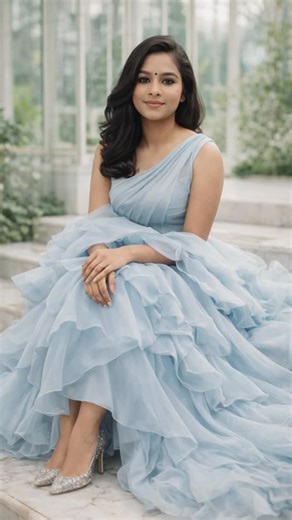 Shruthy Sharangadharan Sarath on Instagram: "Prompt ⬇️ Ultra-realistic luxury fashion photoshoot of a graceful female model with the same face as the attached image, wearing a baby blue tiered gown frock with flowing ruffle layers, crafted from silk chiffon and soft organza, flowing elegantly with high couture craftsmanship. She is sitting on marble steps, relaxed posture, hands gently resting on the gown, at a glass conservatory surrounded by soft greenery. Wearing crystal heels complementing t