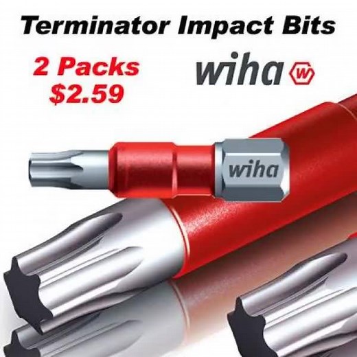 Wiha "Terminator" Impact Bits 2 Piece Packs JUST > > $2.59 http://www.wihatools.com/76812 Phillips > http://www.wihatools.com/76802 Hex > http://www.wihatools.com/76824 Square > http://www.wihatools.com/76839 Pozi > http://www.wihatools.com/76807 Tested #1 in Overall Impact Performance 30X Performance Over Standard Bits Dual Material Torsion/Impact Design Absorbs shock & distributes Impact stress Professional Quality 100% Wiha Made | Wiha