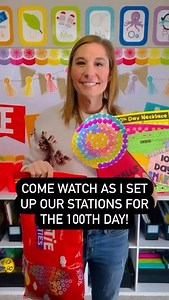 Come watch as I set up our stations for the 100th Day! During the school day, we rotate to 8 different centers. The students spend 20-25 minutes at each center. Here are my tried and true 100th Day activities year after year… 1. Gumball Craft 2. 100 Days Smarter Crown 3. Fruit Loop Necklace 4. 100 Punches 5. 100 Stickers Mat 6. Pattern Block 100 7. Weighing Station 8. Pocket Chart Sentences We also gathered 100 autographs, completed a writing prompt and laced the number 100, as well as a few oth