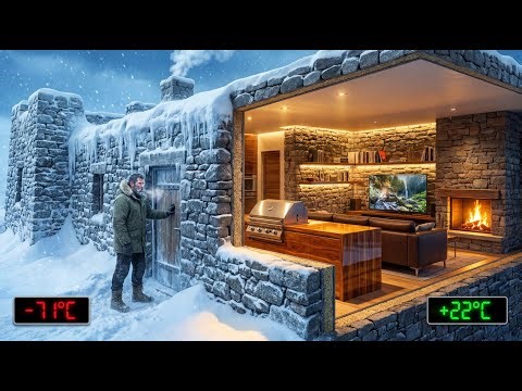 EXTREME -71°C YAKUTIA STONE FORTRESS BUILD WITH FIREPLACE LUXURY KITCHEN AND HEATED FLOOR