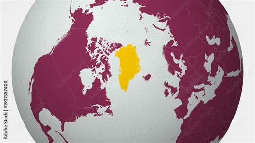 Greenland map. Animated zoom into the country on the Globe in Pale Mint Dark Pink color palette. Country logo animation with round text and airplanes. Map with meridians, parallels. Appealing video.