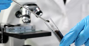 Scientist biologist geologist takes sample of soil in test tube. Soil analysis agrochemical and chemical