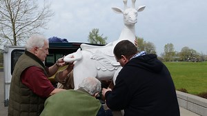 Harriett the giraffe is ready to be painted at carousel