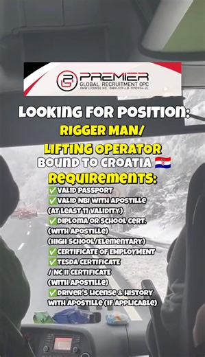 🚨 TRABAHO SA CROATIA: RIGGER MAN / LIFTING OPERATOR 40 VACANCIES 🇭🇷 🏢 Premier Global Recruitment OPC 📍 Zagreb, Croatia (Overseas) 💶 Sweldo: €750-€756.59 kada buwan 🚫 Walang placement fee 🛠️ Gampanan ang rigging at lifting plans ⚙️ Siguraduhing ligtas ang operasyon sa terminal 🔧 I-check, i-tag, i-record, at i-maintain ang lifting tools 📋 Sundin ang safety protocols at dokumentasyon 📌 Kwalipikasyon: ✅ 2 taon na karanasan ✅ High school graduate/ TESDA Equivalent ✅ May experience sa ports