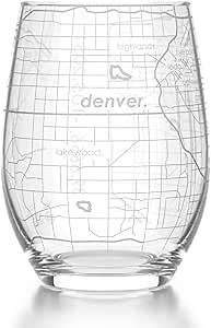 Well Told Engraved Denver Colorado Map Stemless Wine Glass, Etched Wine Glass (15 oz, Clear) City Map Wine Glass, Custom Wine Glass, Gifts for Wine Lovers