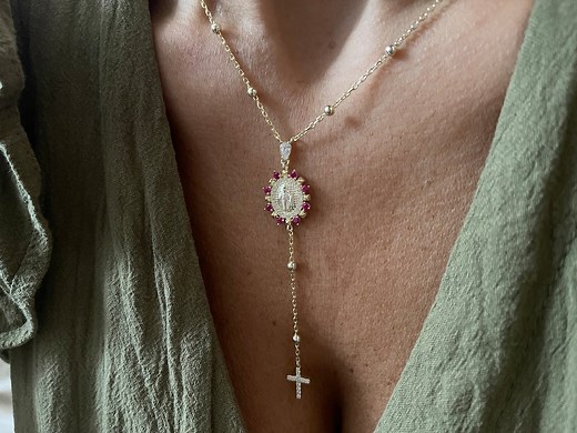 Ruby Cross Rosary Necklace: Gold Virgin Mary Medallion, Sterling Silver - Etsy