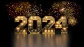 New year's eve countdown to 2024 with fireworks and blinking lights