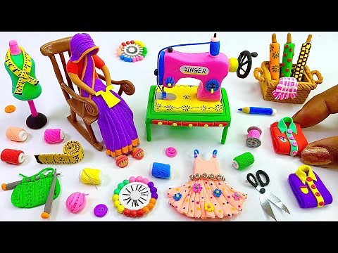 DIY How to Make Polymer Clay Miniature Sewing Machine Set, tailor|Sewing Tools and Accessories | diy