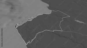 Luanda, province with its capital, zoomed and extruded on the bilevel map of Angola in the conformal Stereographic projection. Animation 3D