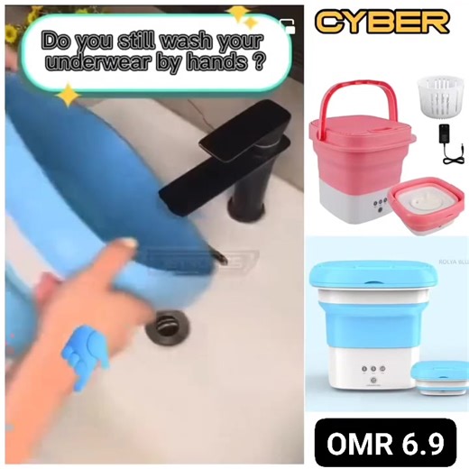 OMR 6.9/- Free Delivery - Cyber Brand Foldable Washing Machine with Drying Tray inside and Blue Lights plus 3-Pin Plug for extra safety | Jetronics UAE