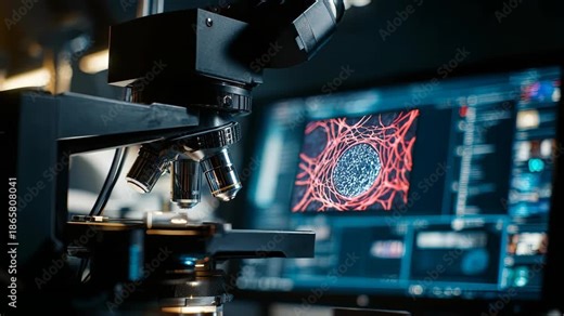 Examining Microscope View of Cell Sample in Laboratory Imaging