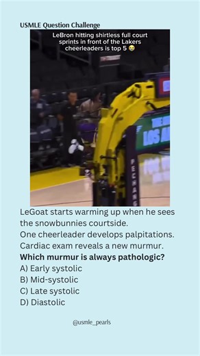 “LeGoat still in warmups and cardiology already activated.” 📟🐐 ⸻ 🧠 High-Yield Explanation (Step 1/2 Core) Heart murmurs are categorized by timing in the cardiac cycle. \t•\tSystolic murmurs can be physiologic \t•\tCommon in young patients, athletes, pregnancy, fever, anemia \t•\tOften due to increased flow across normal valves \t•\tMany are benign and don’t automatically require workup \t•\tDiastolic murmurs are NEVER normal \t•\tOccur during ventricular filling, when flow should be passive \