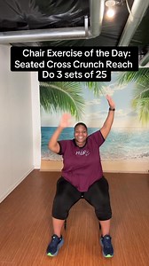 🔥 Chair Workout | Seated Cross Crunch Reach 🔥 Hold both hands up in the air and sit tall 🪑 Keep your arms as straight as possible. Bring your right hand down to your left knee, then raise it back up. Bring your left hand down to your right knee, then raise it back up. 👉 Repeat for 24 total reps at your own pace. ✨ Benefits: This low-impact seated exercise helps strengthen your core, improve coordination and balance, engage your arms and shoulders, and increase mobility without stressing your