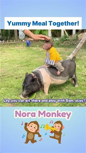 Monkey eats a tasty meal with Piglet