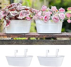 LaLaGreen Outdoor Plants Rail Planter (15 Inch, 2 Pack) White Metal Iron Hanging Flower Pot Deck Railing Fence Bucket Modern Boho Style Wall Mount Window Box Plant Holder Hooks Porch Herb Garden Decor