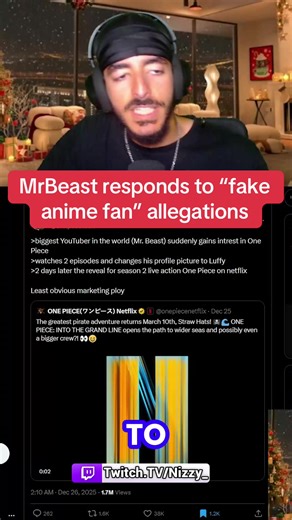 MrBeast responds to people saying he came a one piece fan to promote live action season 2 #onepiece #luffy #ishowspeed #mrbeast