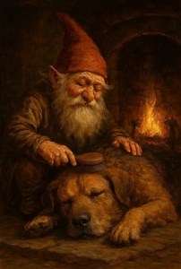 A gentle brushing by the hearth, where warmth and trust settle like embers. | Gnome Stories