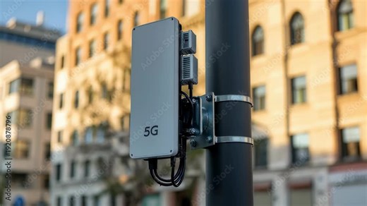 Modern 5G cellular communication module installation in urban area, providing high-speed wireless network connectivity