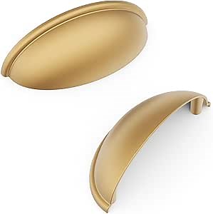 Hickory Hardware Heritage 10 Pack Cabinet Cup Pulls, Handles for Kitchen Cabinet Doors, Dresser Drawers & Bathroom Vanity, 3 Inch Center to Center, Brushed Brass, 10 Pack