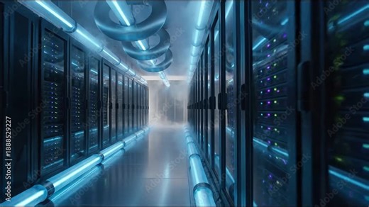 Cold data center aisle with illuminated server racks, blue cooling pipes and ambient lighting sleek industrial rack corridor creating futuristic
