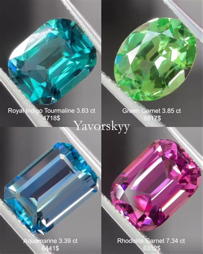 IVY Yavorskyy on Instagram: "NEW! Choice for our Wednesday ✨ If you want purchase your favorite DM us 1.🩵 1655 Royal Indigo Tourmaline 3.83 ct 4718$ Dim 7.31 x 6.40 x 5.16 mm 2.💚 12938 Green Garnet 3.85 ct 9817$ Dim 11.4 x 8.86 x 5.56 mm 3.🩵 25147 Aquamarine 3.39 ct 6441$ Dim 11.11 x 7.89 x 4.97 mm 4.🩷 25330 Rhodolite Garnet 7.34 ct 6321$ Dim 12.66 x 9.45 x 6.76 mm #yavorskyy #yavorskyy_gems #yavorskyycut #yavorskyystyle #naturalgemstone #lovegemstone #jewelry #gem #gemstones #lovegems #sapp