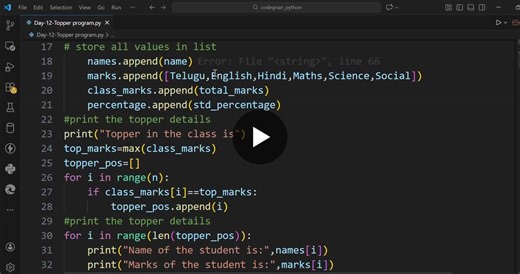 Day 12 | Python 100 Days Challenge 🐍🚀 🚀 Python Program: Identify the Topper of a Class I created a Python program that helps identify the topper of a class based on students’ marks using core… | G krishna