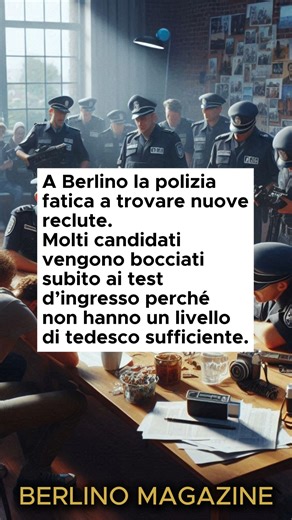 Berlino Magazine on Instagram: "Berlino non riesce a coprire tutti i posti per formare nuovi agenti perché una quota enorme di candidati si ferma già all’ingresso. Il punto non è la nazionalità, ma le competenze linguistiche: secondo la capo della polizia, circa l’80% delle bocciature nei test al computer è legato a un livello di tedesco insufficiente. Per questo l’amministrazione non vuole abbassare i requisiti, per non aumentare gli abbandoni durante la formazione, e prova invece a recuperare