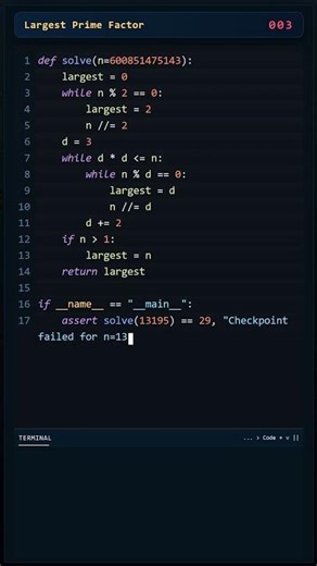 Project Euler Problem 003: Largest Prime Factor solved with Python #coding #programming #python