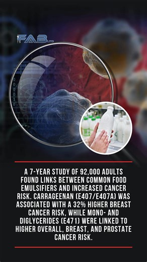 Researchers followed nearly 92,000 adults for seven years and found significant associations between certain food emulsifiers and cancer risk. PMID: 38349899 Carrageenan (E407/E407a), a common thickener in deli meats, plant-based foods, and dairy alternatives, was associated with a 32% higher risk of breast cancer. Mono- and diglycerides of fatty acids (E471), widely used in baked goods, margarine, and ice cream, were linked to a 15% increase in overall cancer risk, including a 24% higher risk o