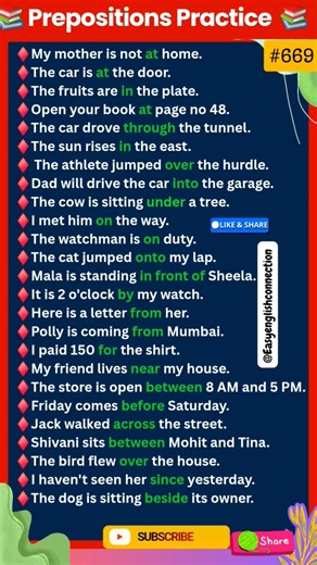 20 Important Prepositions | Prepositions in english grammar 🔥 #learnenglish #englishgrammar #shorts