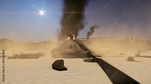 Army tank on fire after being shot in battle in the desert