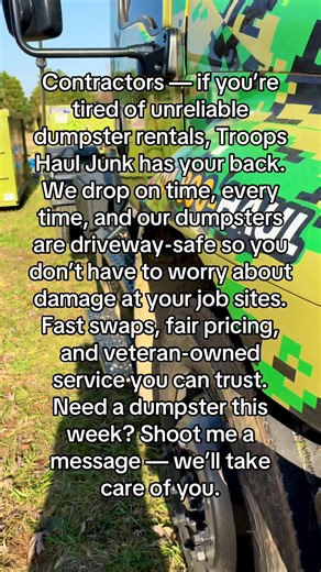 “Contractors — if you’re tired of unreliable dumpster rentals, Troops Haul Junk has your back. We drop on time, every time, and our dumpsters are driveway-safe so you don’t have to worry about damage at your job sites. Fast swaps, fair pricing, and veteran-owned service you can trust. Need a dumpster this week? Shoot me a message — we’ll take care of you.”#TroopsHaulJunk #DumpsterRental #JunkRemoval #VeteranOwned #statesvillenc