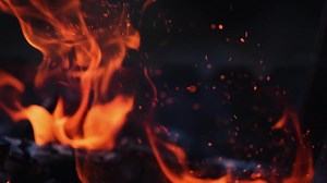 Burning fire. Bright burning wood slow motion. Splashes of flame and live coals.