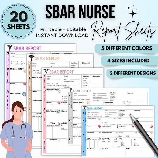 SBAR Nurse Report Sheet | Editable or Printable Nurse Report Sheet | 20 Sheet 4 Size Include | Different Color | Instant Download | Nurse RN - Etsy