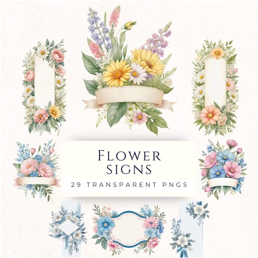 Floral Signs PNG, No Background Clipart, Card Making Supply, Paper Crafting, Watercolor Border, Scrapbook Essentials - Etsy