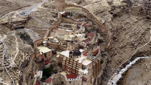 Aerial Mar Saba Monastery Israel Drone footage of Mar Saba Monastery in the Judean Desert canyon, November 2025, Israel