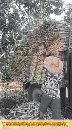 Skilled Worker Cutting and Unloading Bamboo Poles for Efficient Material Handling