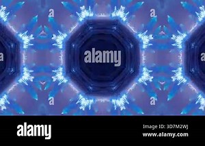 Abstract kaleidoscopic blue and cyan crystal pattern with light reflections.